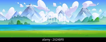 Summer day landscape with river or lake at foot of high rocky mountains. Cartoon vector illustration of sunny scenery with green grass and bushes on banks of pond near hills, blue sky with clouds. Stock Vector
