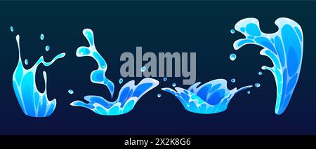 Water wave splashes set isolated on background. Vector cartoon illustration of blue sea, ocean liquid spill with drops, surfing motion effect, fountain stream, swimming adventure design elements Stock Vector