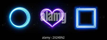 Neon glow frames in form of circle, heart and square on dark background. Realistic 3d vector illustration set of casino or night club party border with empty space for text. Shine laser banner. Stock Vector