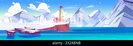 Winter landscape with lighthouse on cliff rocky shore of sea or ocean covered with snow. Cartoon vector illustration of northern scenery with red vintage beacon tower on snowy coastline with mountains Stock Vector