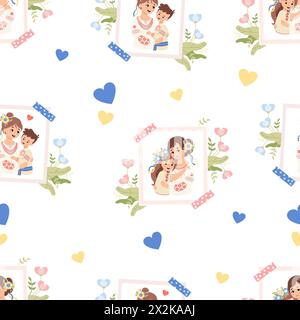 Seamless pattern Ukrainian woman with son and daughter in traditional embroidered clothes on white background with flowers and yellow-blue hearts. Vec Stock Vector