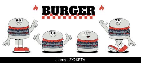 A Burger delivery set in the trendy retro groovy style. Funky hamburger characters stickers. Cool maskot for cafe, bar, restaurant. Stock Vector