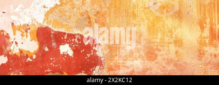 Grunge background with texture of cracked stucco. Horizontal banner with old stucco wall texture of beige color and cracked paint of red, pink, yellow Stock Photo