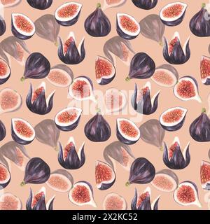 Watercolor fruit border design with figs and leaves on white background. Horizontal seamless pattern. Stock Photo