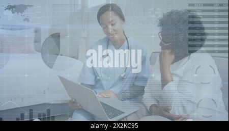 Image of data processing over african american female doctor talking to a female patient Stock Photo