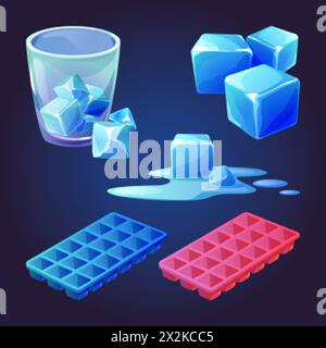 Ice cube tray vector. Melt water mold cartoon icon. Container for solid square icecube. Plastic block and frosty element for food or drink in summer. Isometric freezing form and puddle drawing set Stock Vector