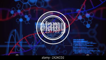Image of data processing over dna strands on black background Stock Photo