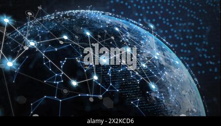 Image of network of connections over globe and light spots on black background Stock Photo