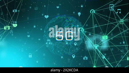 Image of network of connections with icons over globe with 5g on black background Stock Photo