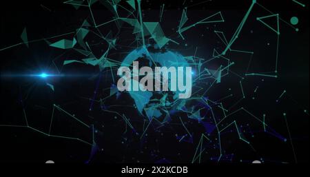 Image of network of connections and light trails over globe on black background Stock Photo