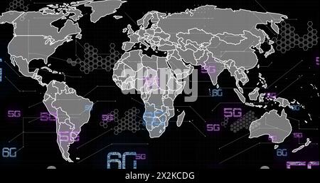 Image of 6g and 5g text and data processing over world map on black background Stock Photo