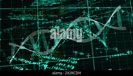 Image of dna strand and molecules over data processing on black background Stock Photo