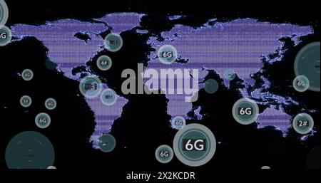 Image of 6g and 5g text and interference over world map on black background Stock Photo