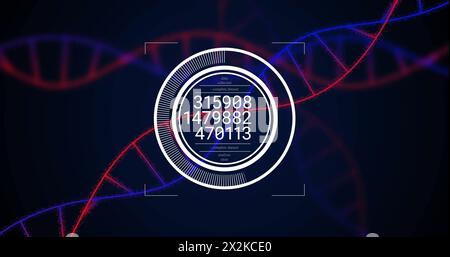Image of data processing over dna strands on black background Stock Photo