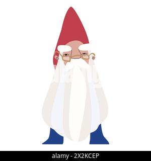An old wise dwarf wizard in crooked glasses with a long gray beard, lush gray eyebrows in a pointed red cap. Vector illustration for packaging Stock Vector