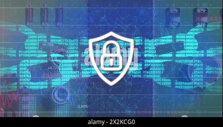 Image of digital shield with padlock and block chains on blue background Stock Photo