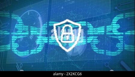 Image of digital shield with padlock and block chain on blue background Stock Photo