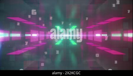 Image of data processing over neon shapes on black background Stock Photo