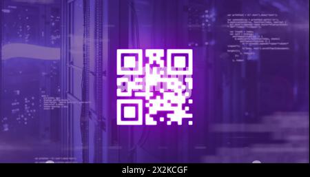 Image of qr code over data processing and server room Stock Photo