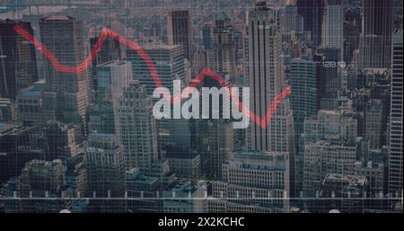 Image of red line, financial data processing over cityscape Stock Photo