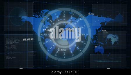 Image of scope scanning and data processing over globe in background Stock Photo
