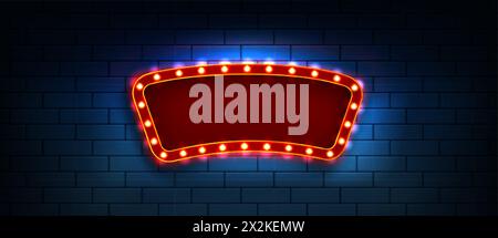 Red blank frame with light bulbs on dark blue brick wall background. Realistic 3d vector illustration of retro cinema or casino billboard with lamps. Circus or theatre empty banner template. Stock Vector
