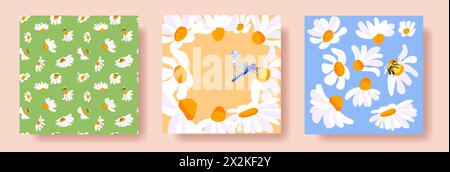 3 Summer Square Posters Daisies Bee Dragonfly White Yellow Frame Green Pattern Blue Postcard Template Banners Vector Flat Cute Background Stock Vector