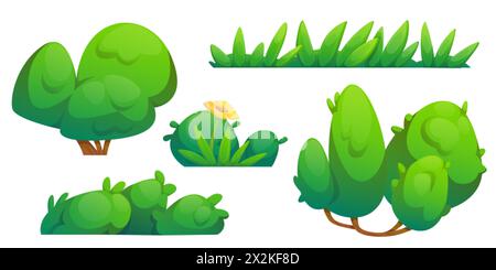 Green bush and grass border cartoon illustration. Garden tree plant icon set. Simple comic foliage fence with flower for game. Botany graphic asset for landscape or outdoor park hedge summer design Stock Vector