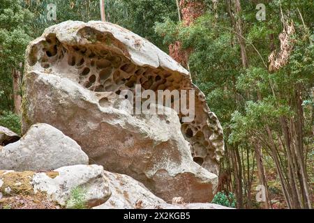 Peculiar shapes in the rocks produced by the wind on Tambo Island in Pontevedra, Galicia, Spain Stock Photo