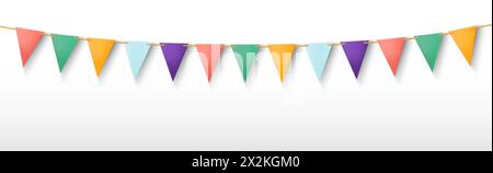 Party garland with triangle flags isolated on white background. Vector realistic illustration of birthday, anniversary, carnival decoration banner with dotted and striped color pennants on string Stock Vector