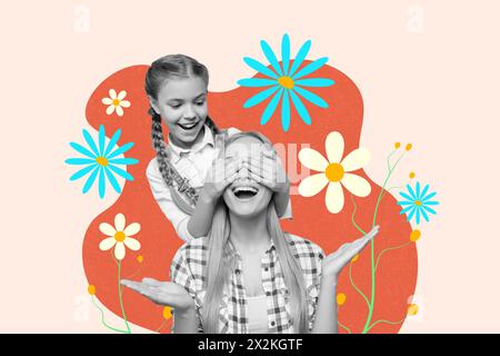 Composite trend artwork sketch image 3D photo collage of guess who girls sisters play game cover eyes with palms outdoors flowers nature Stock Photo