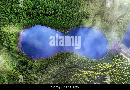 Aerial top down view of beautiful green waters of lake. Birds eye view of scenic emerald lake surrounded by pine forests. Clouds reflecting in Sao Mig Stock Photo