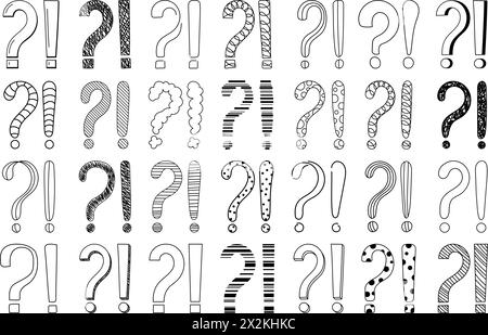 Doodle question and exclamation marks hand drawn sketch vector illustration set. Stock Vector