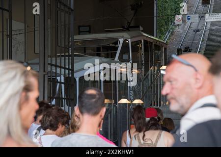 Lower station of Funicolare di Bergamo (Bergamo Funicular) connecting Citta Bassa (Lower City) and Citta Alta (Upper City) in historic centre in Berga Stock Photo