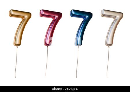 Number seven shaped foil balloons in different colors. Isolated on white background. 3D rendered illustration. Stock Photo
