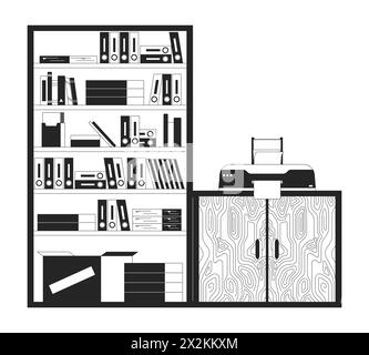 Bookcase and cabinet with printer black and white 2D line cartoon object Stock Vector