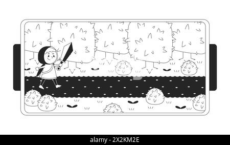 Arcade adventure game on phone black and white 2D line cartoon object Stock Vector