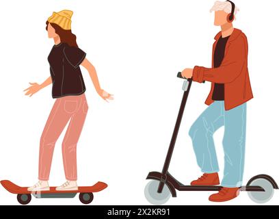 Cartoon-style vector illustration of young people skateboarding and riding a scooter, isolated on white. Stock Vector