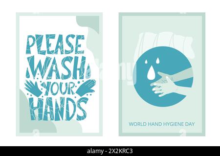 World hand hygiene day templates set. Please wash your hands lettering poster awareness background. Vector flat illustration. Stock Vector