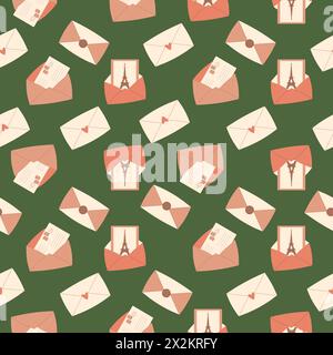 France envelope with card seamless pattern. Message, letter, Eiffel tower endless background. Paris repeat cover. loop ornament. Vector flat illustrat Stock Vector