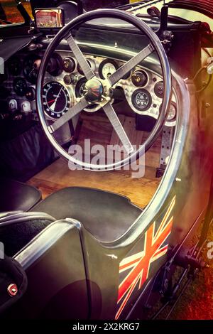 Vintage Bentley cockpit on display at Salon Prive London at  Royal Hospital Chelsea London UK Stock Photo
