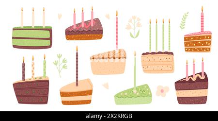 Birthday cake slices set. Sweet holiday bakery pieces collection. Pastry chocolate fruit, berry dessert with candles for breakfast. Vector hand drawn Stock Vector