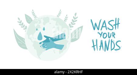 Wash your hands awareness symbols and lettering isolated on white background. World hand hygiene day template. Vector flat illustration. Stock Vector