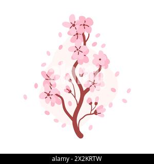 Sakura tree branch. Floral composition. Japanese cherry blossom simple element. Vector flat hand drawn illustration. Stock Vector