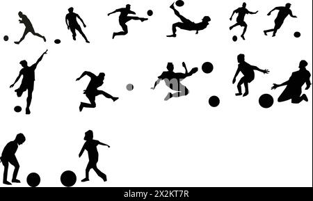 Megaset of soccer football player silhouettes in different active sports positions vector illustration isolated on a white background Stock Vector
