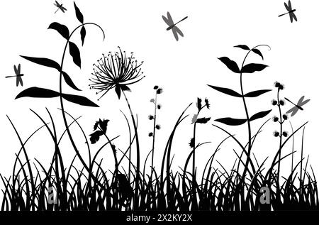 herbaceous plant dragonfly, monochrome vector design Stock Vector