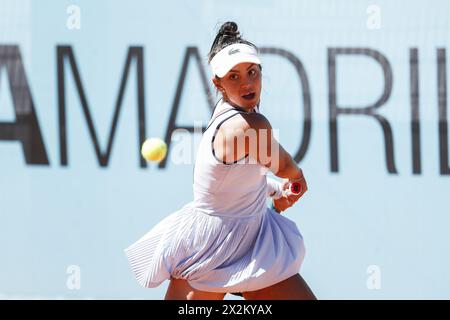 Jaqueline Cristian of Romania in action against McCartney Kessler of USA during the Mutua Madrid Open 2024, ATP Masters 1000 and WTA 1000, tennis tournament on April 22, 2024 at Caja Magica in Madrid, Spain Stock Photo