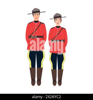 Canadian policeman and policewoman in traditional uniform - scarlet tunic and breeches. Full length portrait of royal Canadian mounted police person Stock Vector