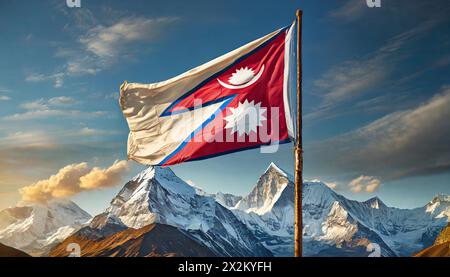 Die Fahne von Nepal, flattert im Wind, isoliert gegen blauer Himmel Stock Photo