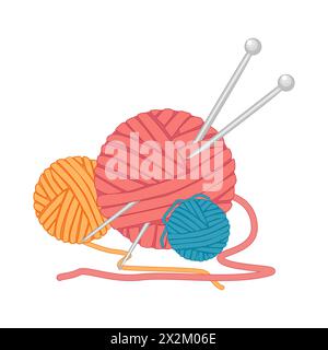Ball of yarn and needles on white background. Skein of yarn with knitting needles. Knitting tools. Clews, skeins of wool. Handmade and hobby. Vector Stock Vector